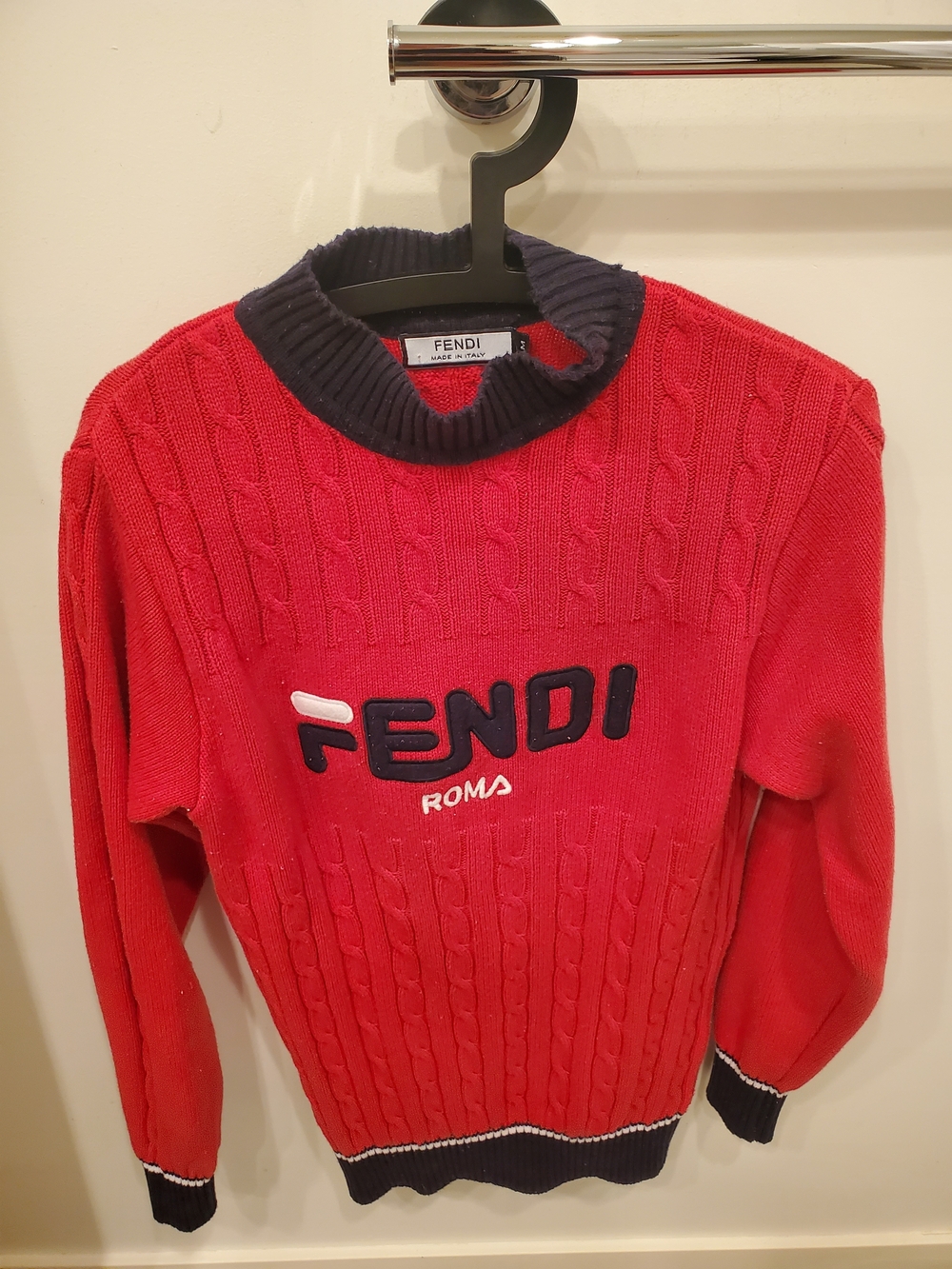 Red Knit Crewneck Sweater with Knitted Accents Womens Made Italy